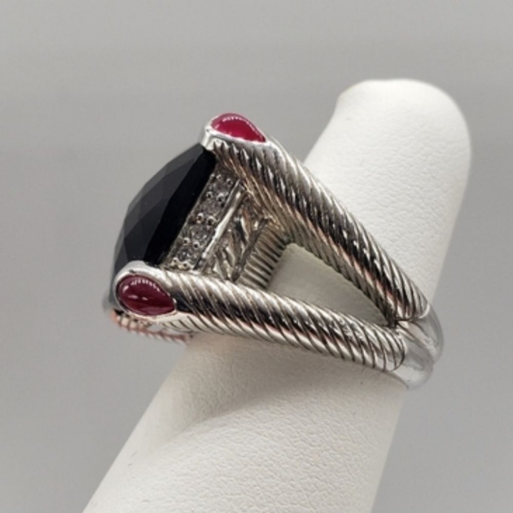 JUDITH RIPKA SQUARE BLACK FACETED ONYX GEM WITH RUBY ACCENTS - Picture 2 of 6
